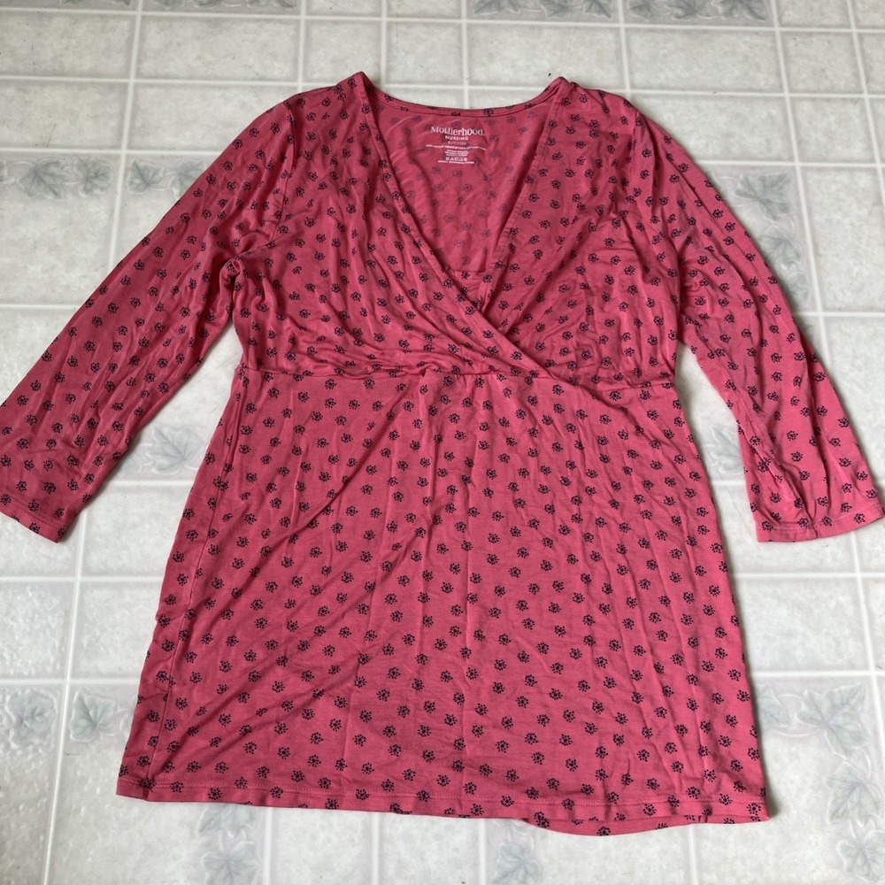 Motherhood Maternity Sz Small Nursing Wrap Top Pink Blue Print Boho 3/4 Sleeve